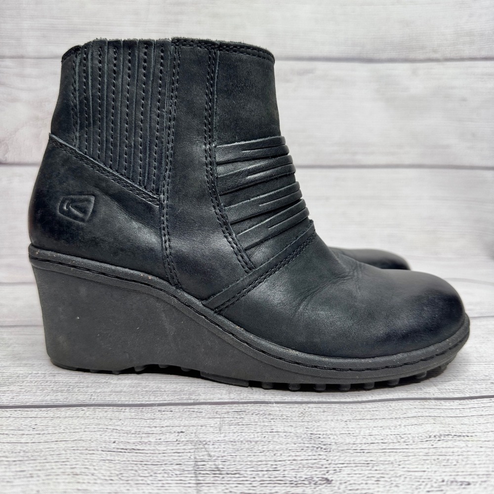 Keen Black Leather Wedge Ankle Boots Women Size 5.5‎ Zip Comfort Casual